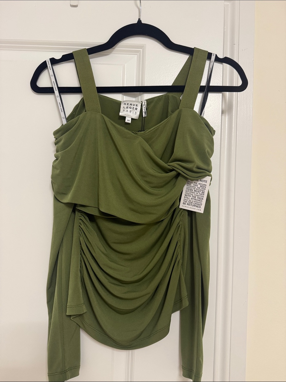 Herve Leger Olive Green Draped Ruching Off the Shoulder Top